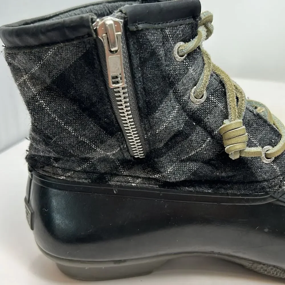 Sperry Top Sider Women's Black & Gray Plaid Rubber Ankle Duck Boots Size 9